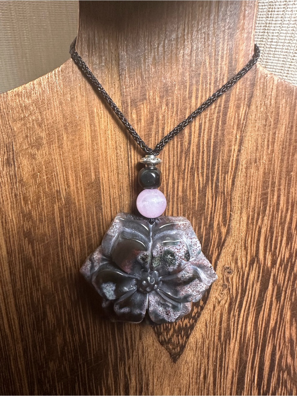 Ocean Jasper Pendant Necklace with Kunzite on Thin Black Adjustable Rope - Picture 14 of 16